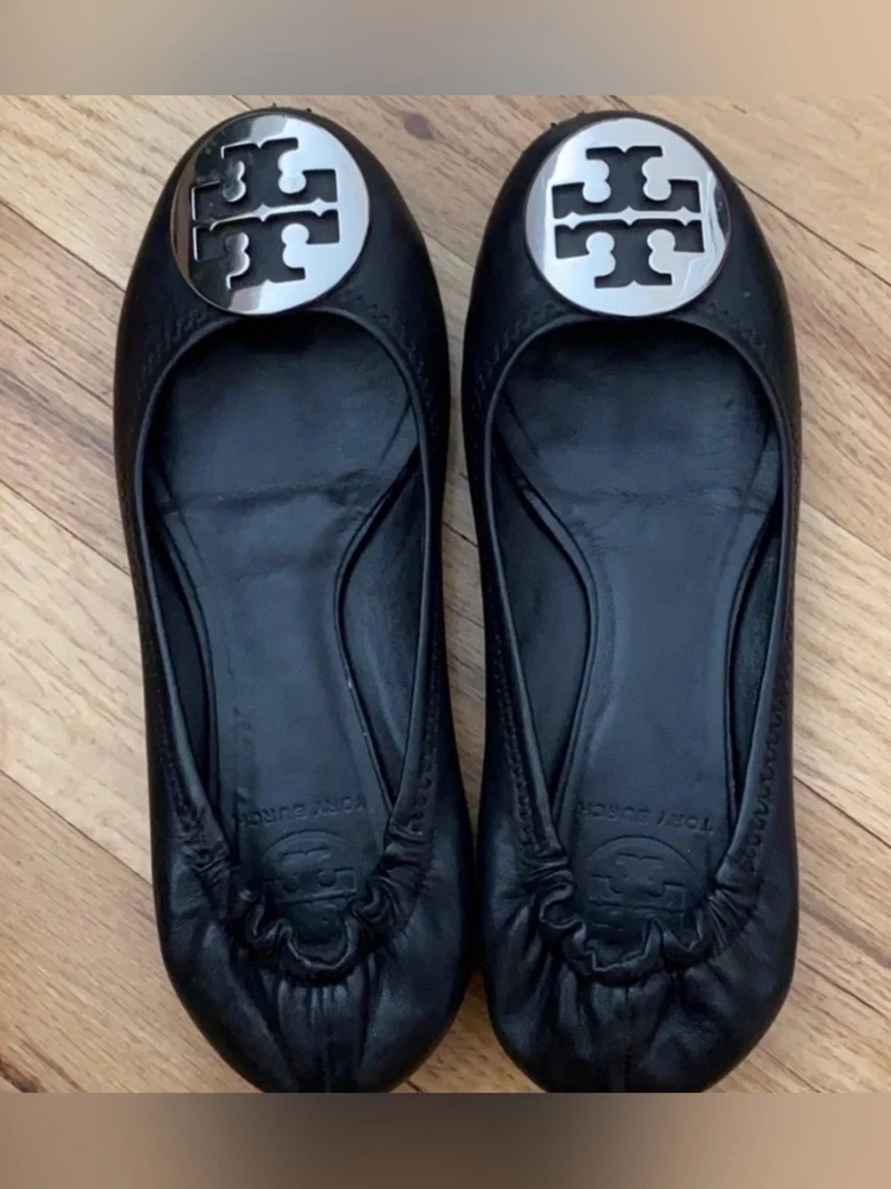 Tory Burch Minnie Ballet Flats Black Leather Silver Logo Logo Size 6